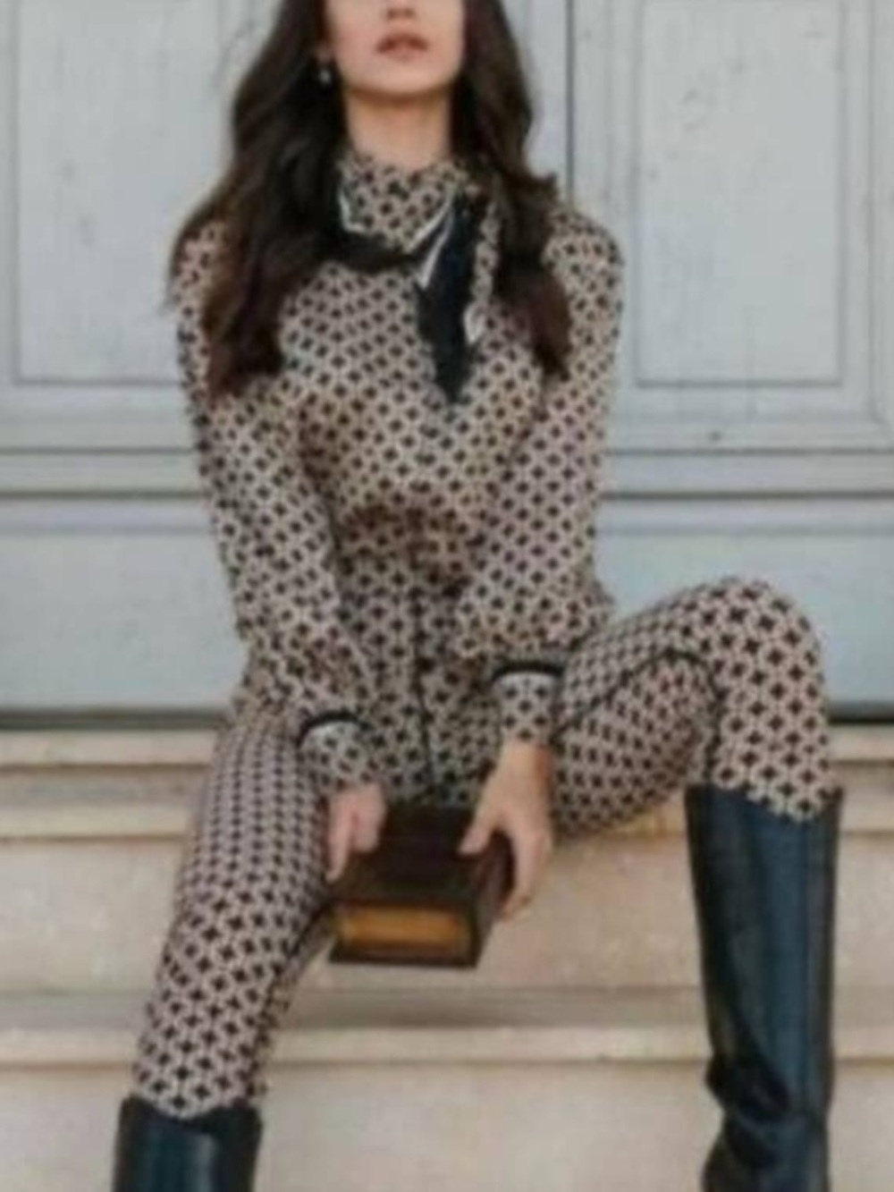 NWT H&M Geometric Print Button-Up Top 10 and leggings Medium Set Black & Beige